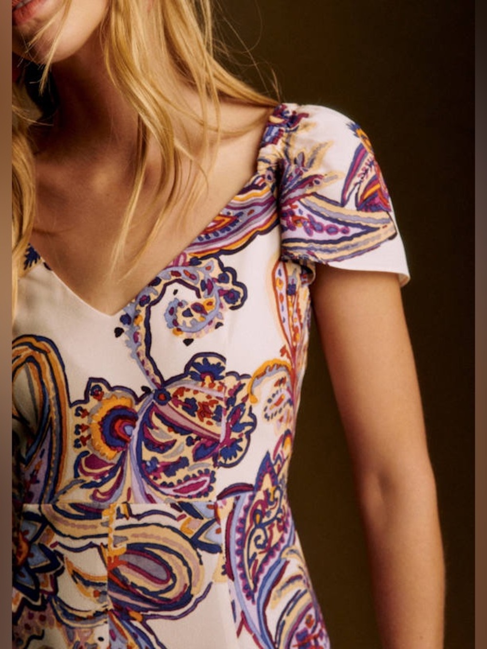 Sezane Alessia Paisley Midi Dress Flutter Sleeves Cream Purple Gold Size 40 US L